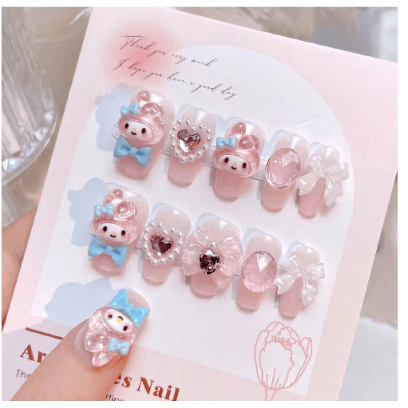 

Sanrio Kawaii Hello Kitty Melody Manicure Set-mixed Soft Tones, Drop-shaped Mid-length, Glossy Cartoon , Sticky Press Nails