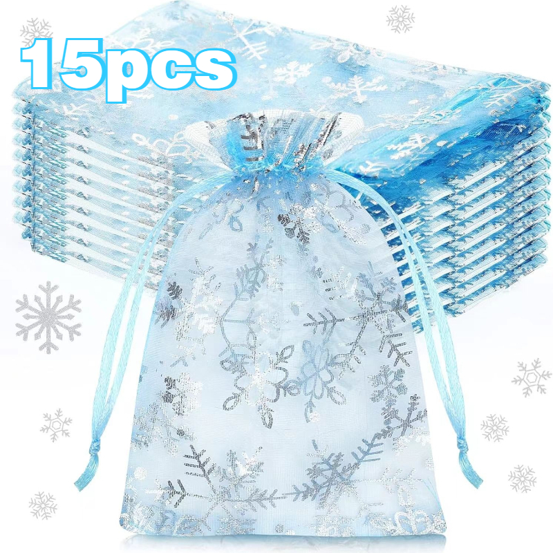 E-shop 15 Stück Mini Mesh Zugband Weihnachts-Schneeflocken Stoff Geschenktüten - Schmuck & Süßigkeiten Verpackung geeignet für Feiern, Hochzeiten,