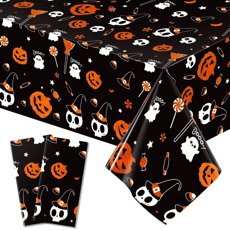 TEMU 1/3pcs Feuille Métallique Jetable pour Nappe Rectangulaire d'Halloween, 54X72 Pouces Base Noire Imprimée avec Motif Citrouille Crâne Chapeau de