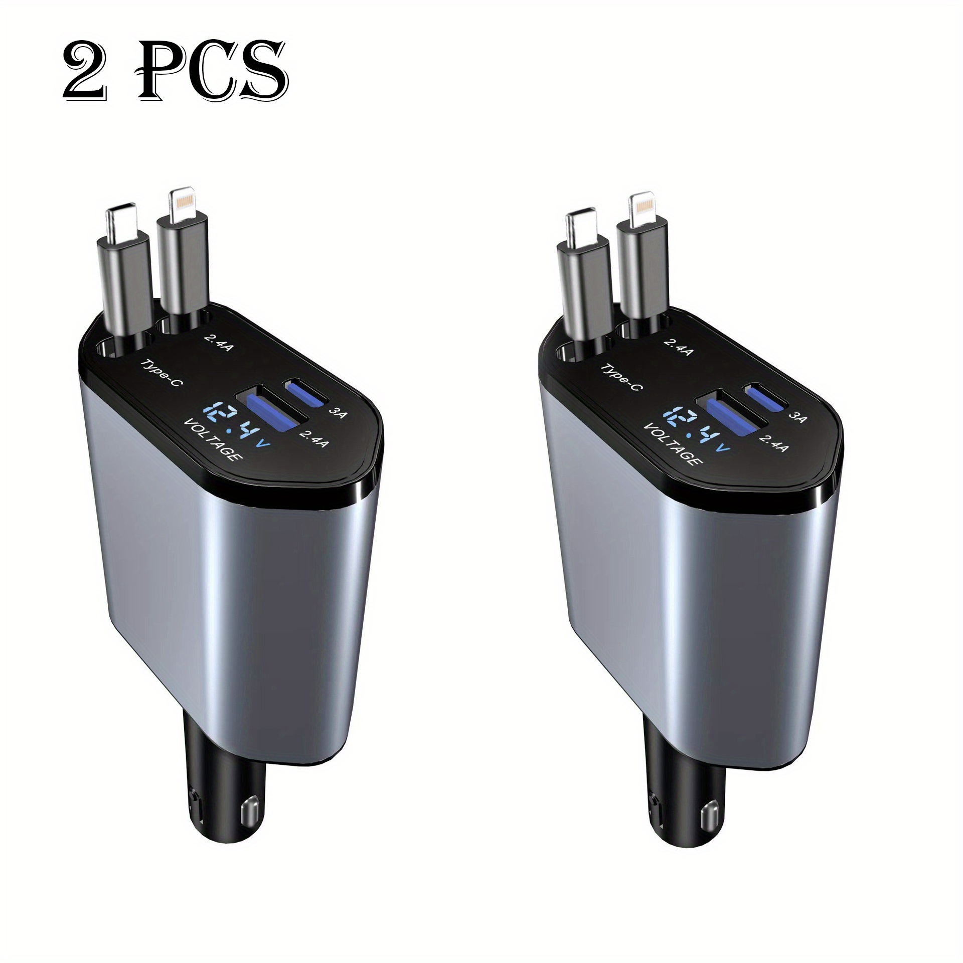 TEMU 2pcs 100w 4in 1 Fast Charging Car Charging Cable 4 Ports Retractable Car Charger Adapter Compatible With Iphone 16/15/14/13/12/11 Galaxy Pixel