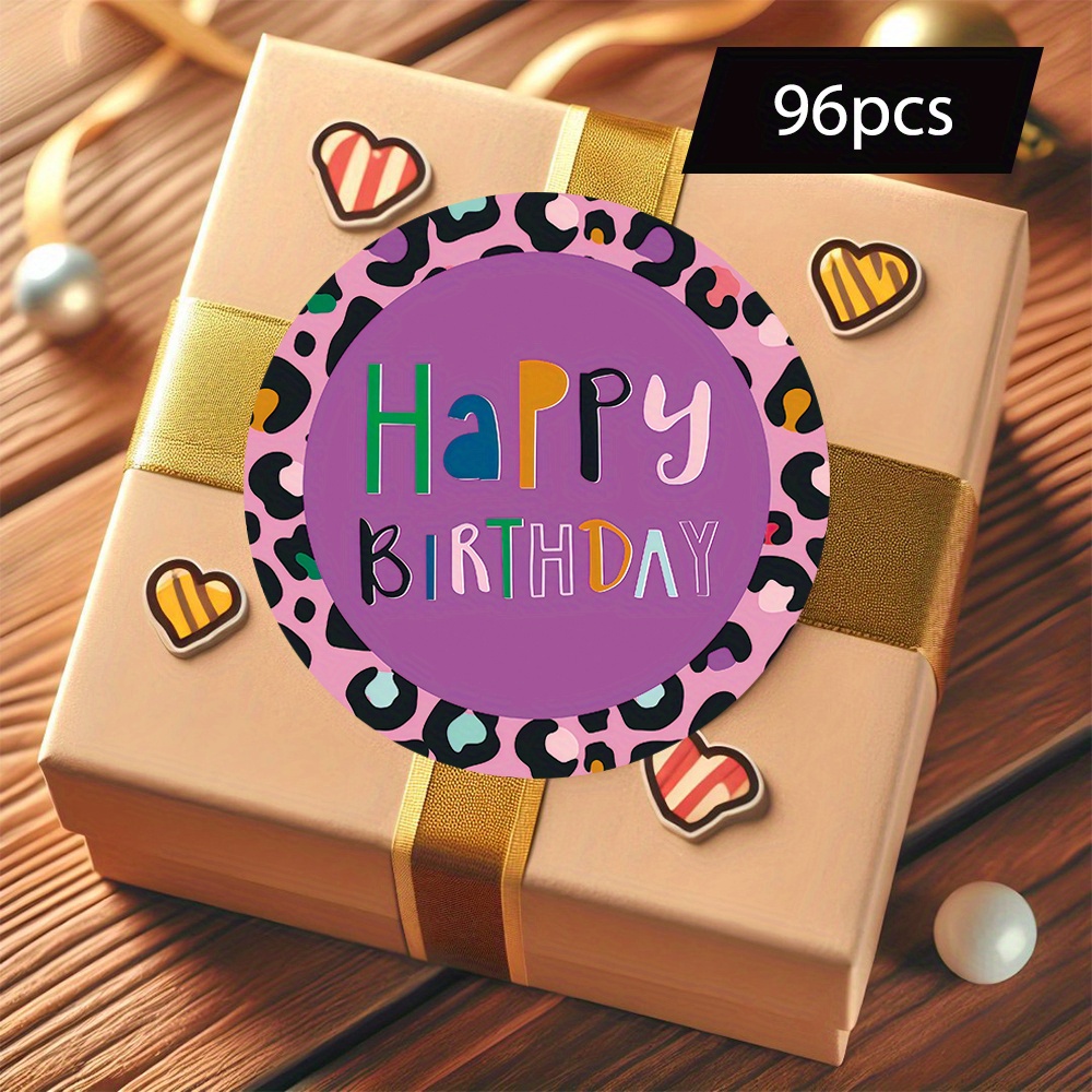 Image of Set Of 96 Round Stickers Featuring A "happy Birthday" Message, With Leopard Print Details, Designed In A Style, Perfect For Decorating Birthday Parties, Wrapping Gifts, Scrapbooking, And More