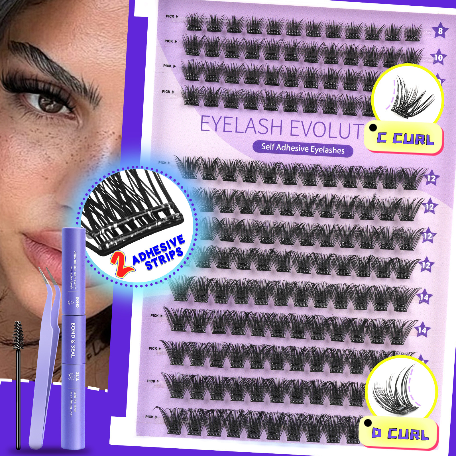 TEMU Pre- Self Adhesive Eyelash Clusters Kit With Double Strip Tape, Natural To Lash Clusters With Spike Look, Easy Application, , C And D Mixed