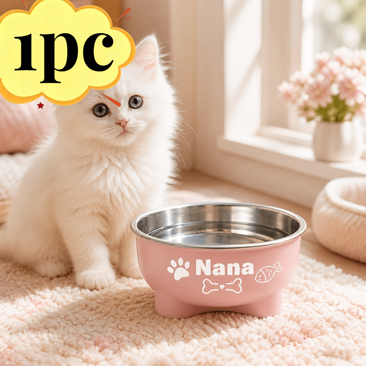 TEMU Customized Personalized Cute Cat And Dog Bowl, Stainless Steel Bowl, Independently Separated, Bone Fish And Paw Print Design, Can Customize ,