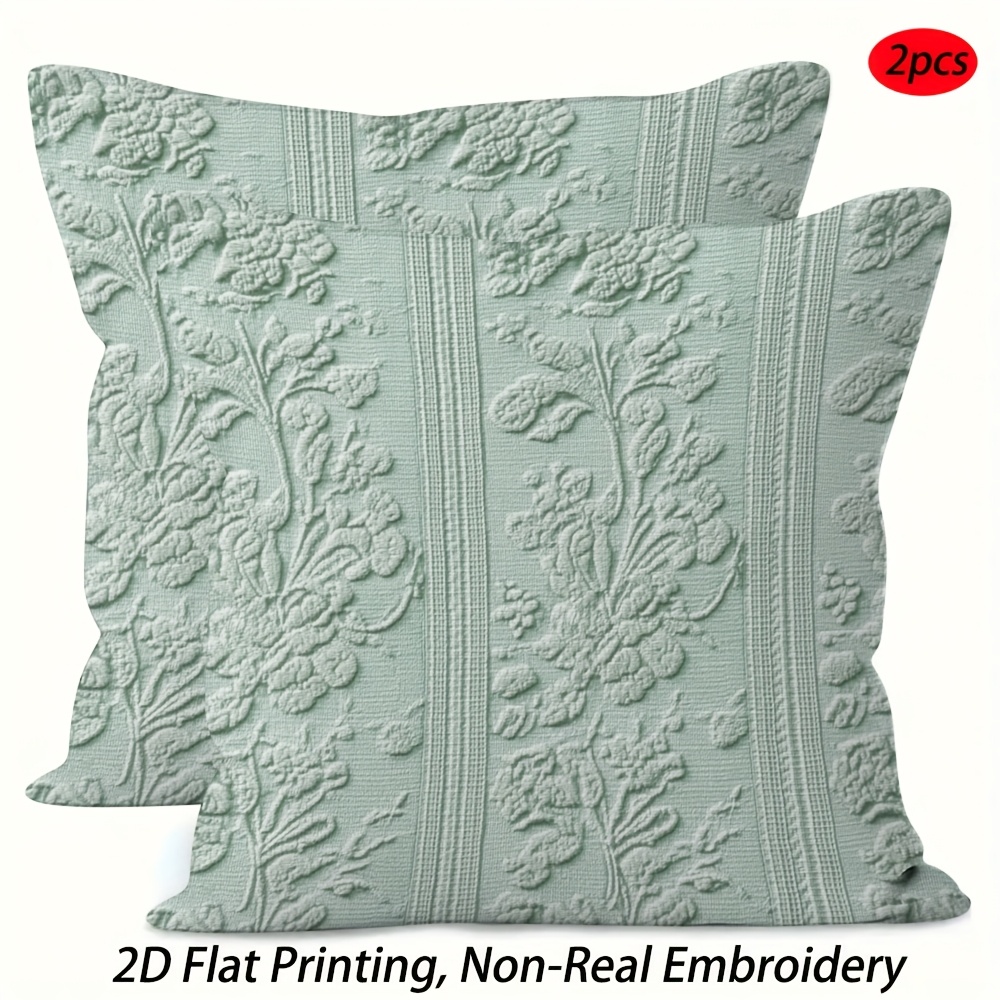 TEMU 2pcs Set, 2d Single-sided Print, Mint Green Faux Embroidered Floral Themed Pillowcases, Vertical Stripe Embossed Floral Element Print Cushion