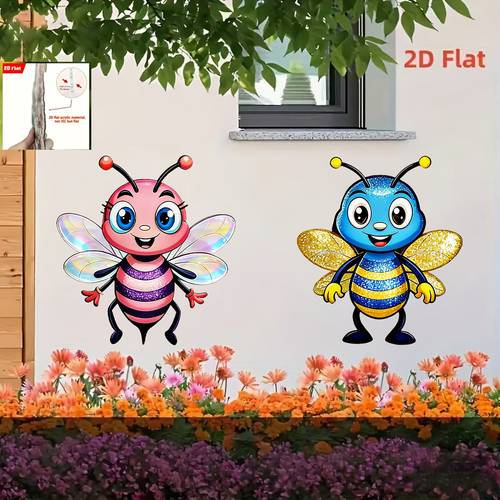 2d flat 2pcs bee wall decor suitable for garden fence lawn vibrant yellow black striped acrylic bee decoration with design easy to hang spring easter gift for courtyard durable outdoor bee themed hanging art 2d flat