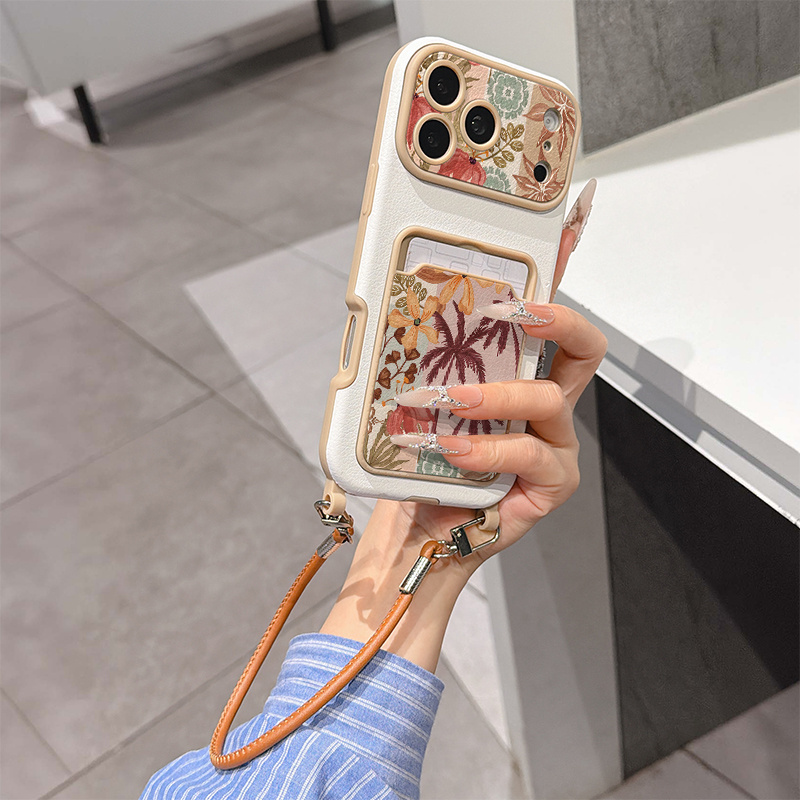 TEMU Phone Case - Retro Tropical Plant Print Card Case Phone Case With Lanyard Anti-drop Card Slot Compatible With Iphone 11/12/13/14/15/16/17/18