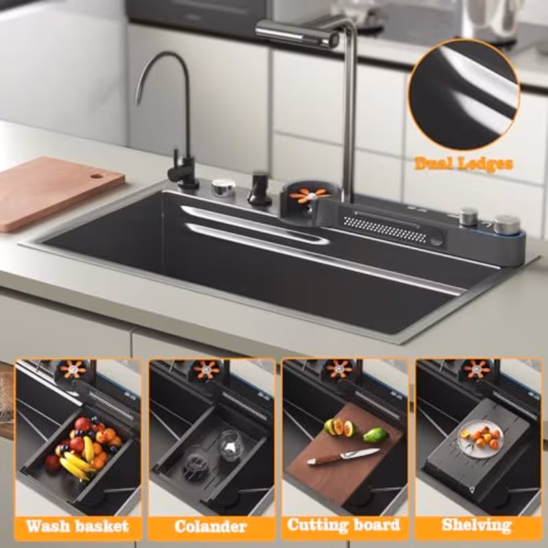 33x22x10in black smart kitchen sink ambient light multifunction waterfall kitchen sinks 8 gauge metal black stainless steel single bowl workstation sink with soap dispenser Product details 3
