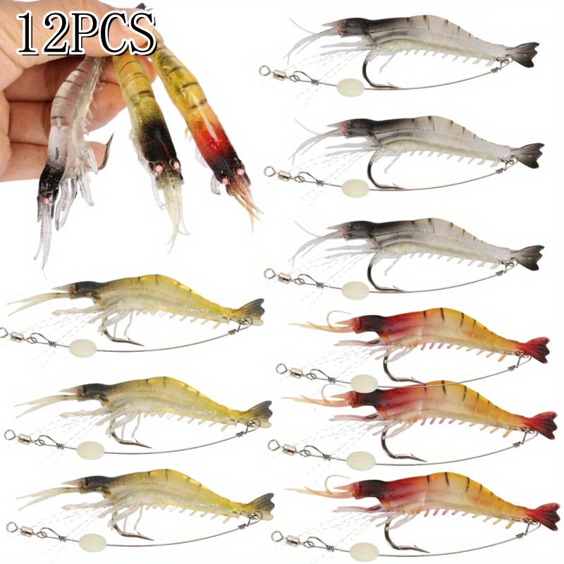 TEMU 12 Soft Shrimp Baits, Fishing Baits With Sharp Hooks, Sea Bass Fishing Baits, Trout, Salmon Fishing, Flying Fish, Safe Silicone Baits, Cheap
