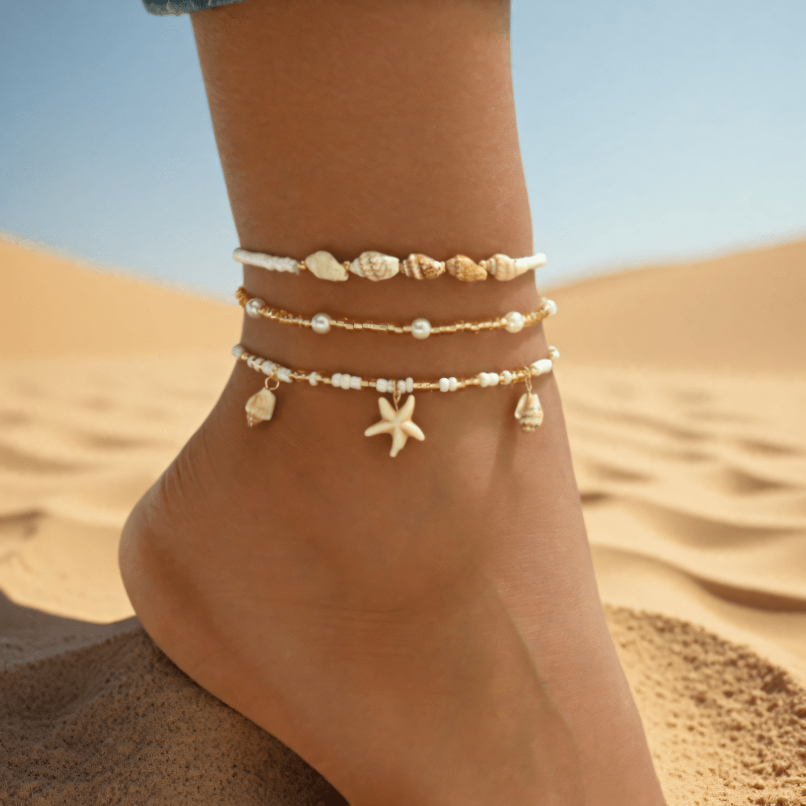 3 Bohemian Versatile Shell-shaped Synthetic White Turquoise Woven Rice Bead Stackable Anklets, Suitable For Women's Hawaiian Vacation Outfits