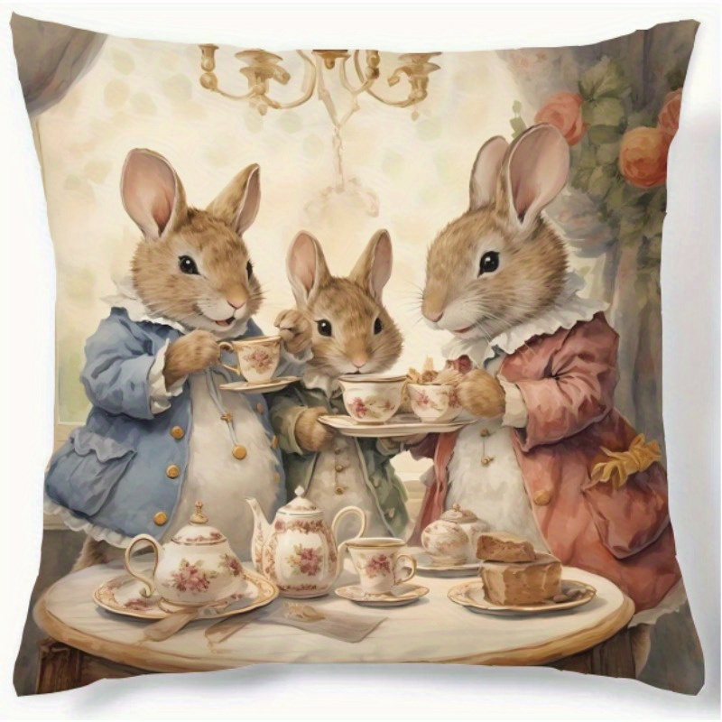 

[ Touch] Vintage-style Cute Bunny Floral Pillow Cover - 18x18in, Polyester, Adorable Party Design With Pastel Colors, Easter Decor, Living Room, Bedroom, Dorm, Or Car (no Insert), Cute Pillows