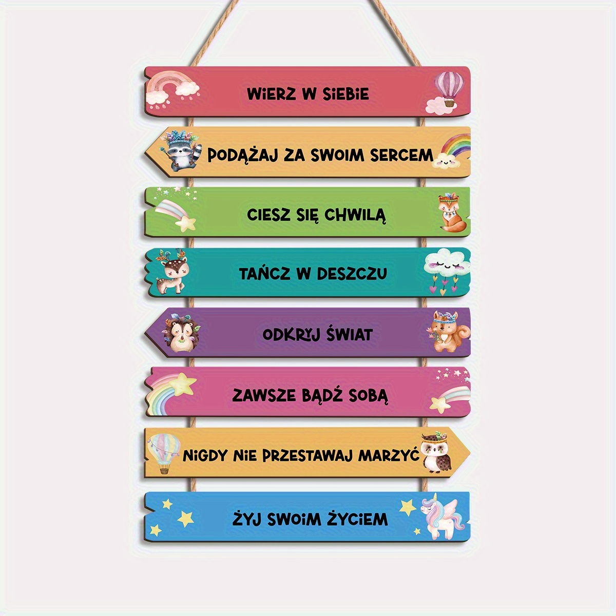 A Wooden Quote Wall Decoration Featuring Polish Inspirational Sayings -   Wood  , Colorful Animal And Star Patterns, Suitable for Rooms And Classrooms, Motivational Gifts,   Wall Decor, Designed in   Style,   School Decoration