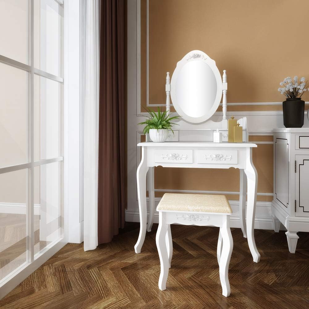 TEMU Bonnlo Toeletta con Specchio, Scrivania da Trucco con Sgabello e 4 Cassetti, 75 X 40 X 142.5 Cm, Tavolino Trucco, Legno MDF