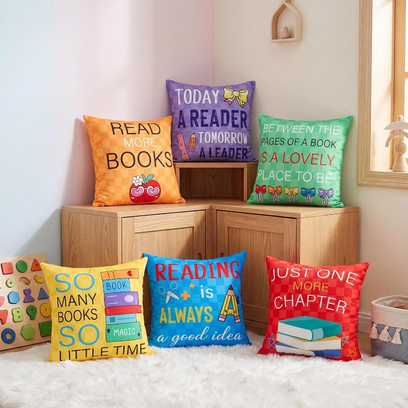 TEMU Reading Quote Pillowcase 6pcs Set 18 X 18 Inches Checkered Classroom Library Home Decor Cushion Covers