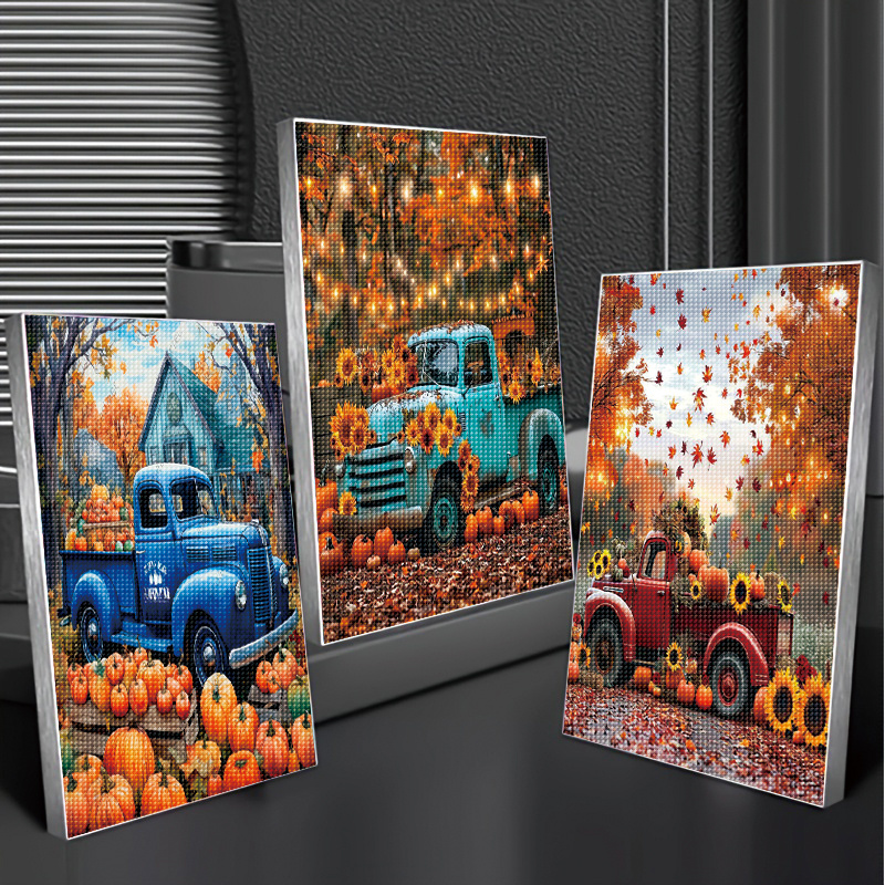 TEMU 3 Diamond Painting Sets Autumn Themed Diamond Painting Kit Vintage Truck With Pumpkins Sunflowers Maple Leaf For Home Wall Decor Handmade Full