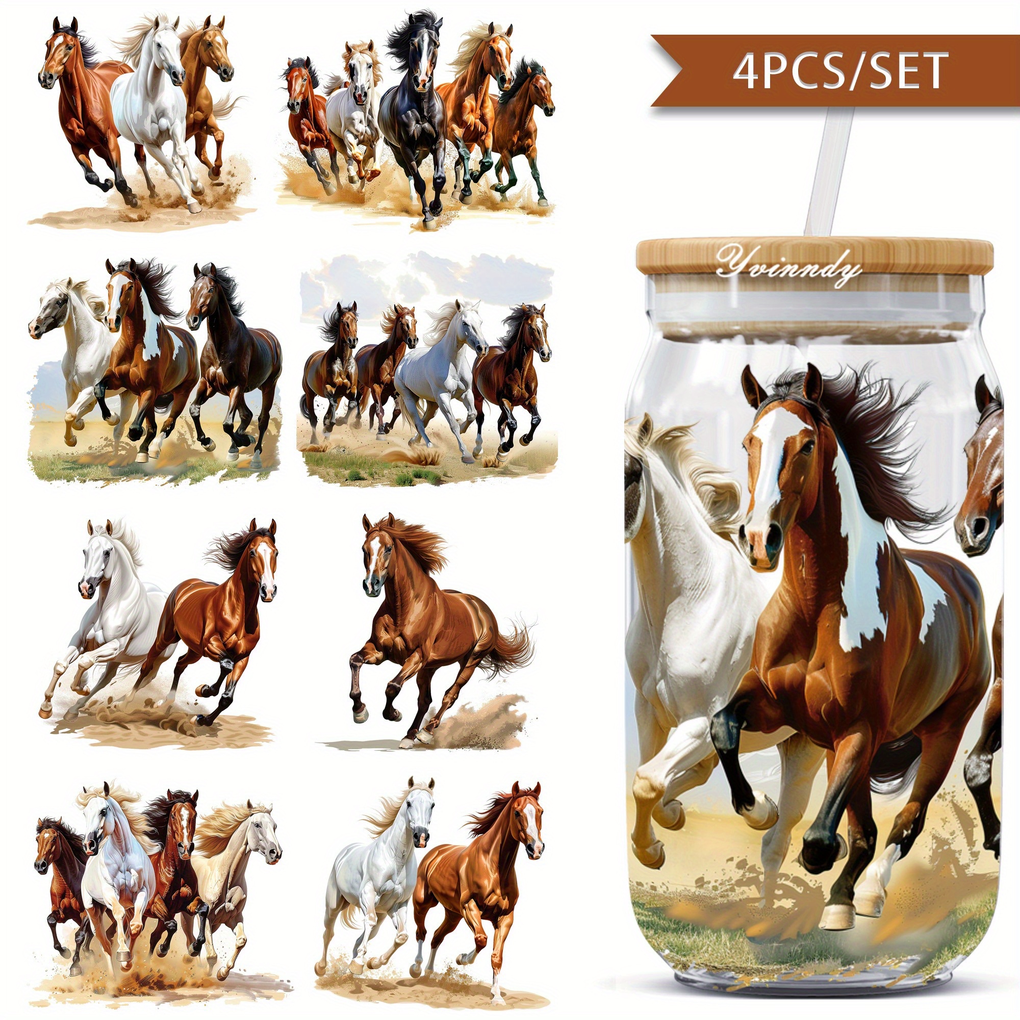 TEMU Un ensemble de aquarelle représentant des chevaux , fabriqués à partir de papier de transfert imperméable UV DTF, parfait pour les bocaux en