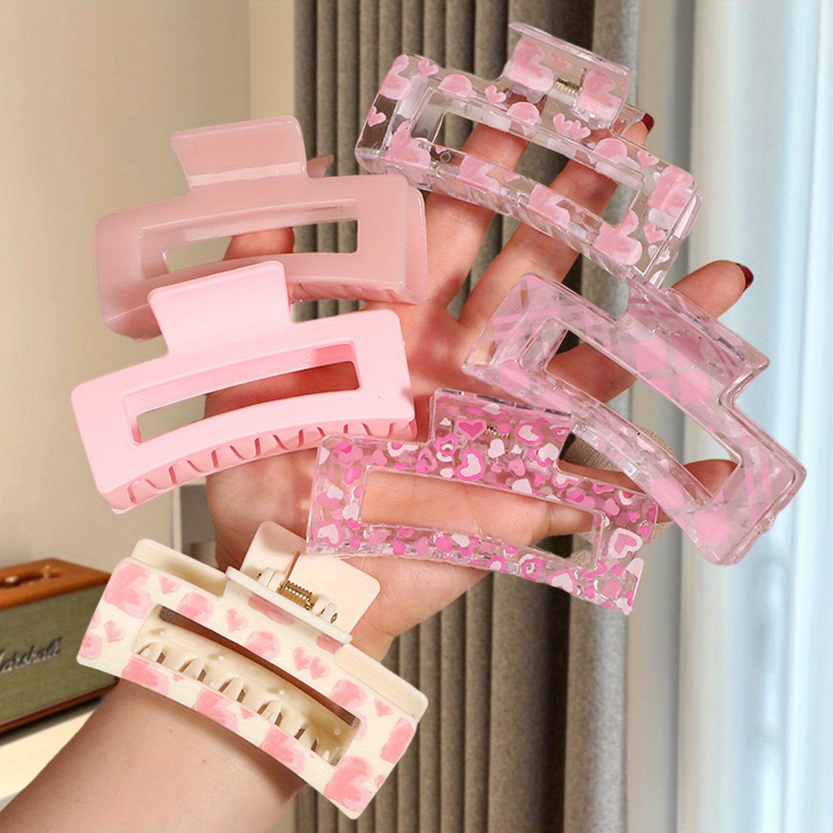 TEMU Sweet High-end Versatile Large Pink White Sweet Rectangular Square Hair Claw Clip, , Ladies Hair , Suitable For Thick Hair | Fine Head Hair