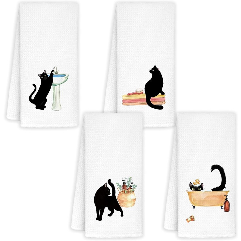 

4-pack 18x26inch Black Towels, Polyester Dish Towels, Soft Machine Washable Kitchen Decor, Cat Bathroom Decor, Gift For Cat Lovers