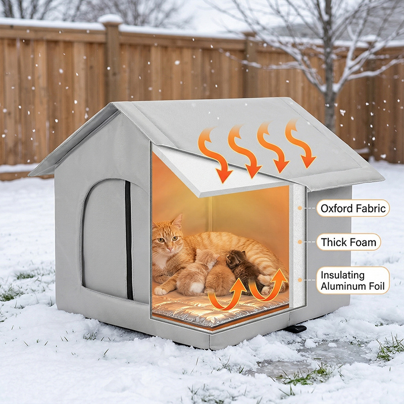 Maison pour chat climatisée d'extérieur spécialement conçue pour les chats, avec un panier confortable et isolé doté d'une ouverture et d'un rideau coupe-vent. Cet abri pour animaux de compagnie résistant au soleil, au vent et à la neige est un panier durable et -effondrement adapté à toutes les