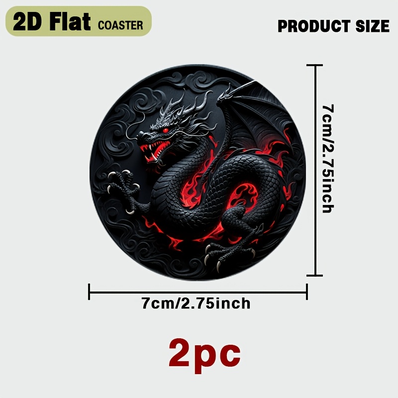 TEMU 2d 2pcs Set, Car Coasters, Black Dragon Design Easy To Clean, Absorbent And Non-slip, Universal Car Office Desk Coasters, 2d Flat Design