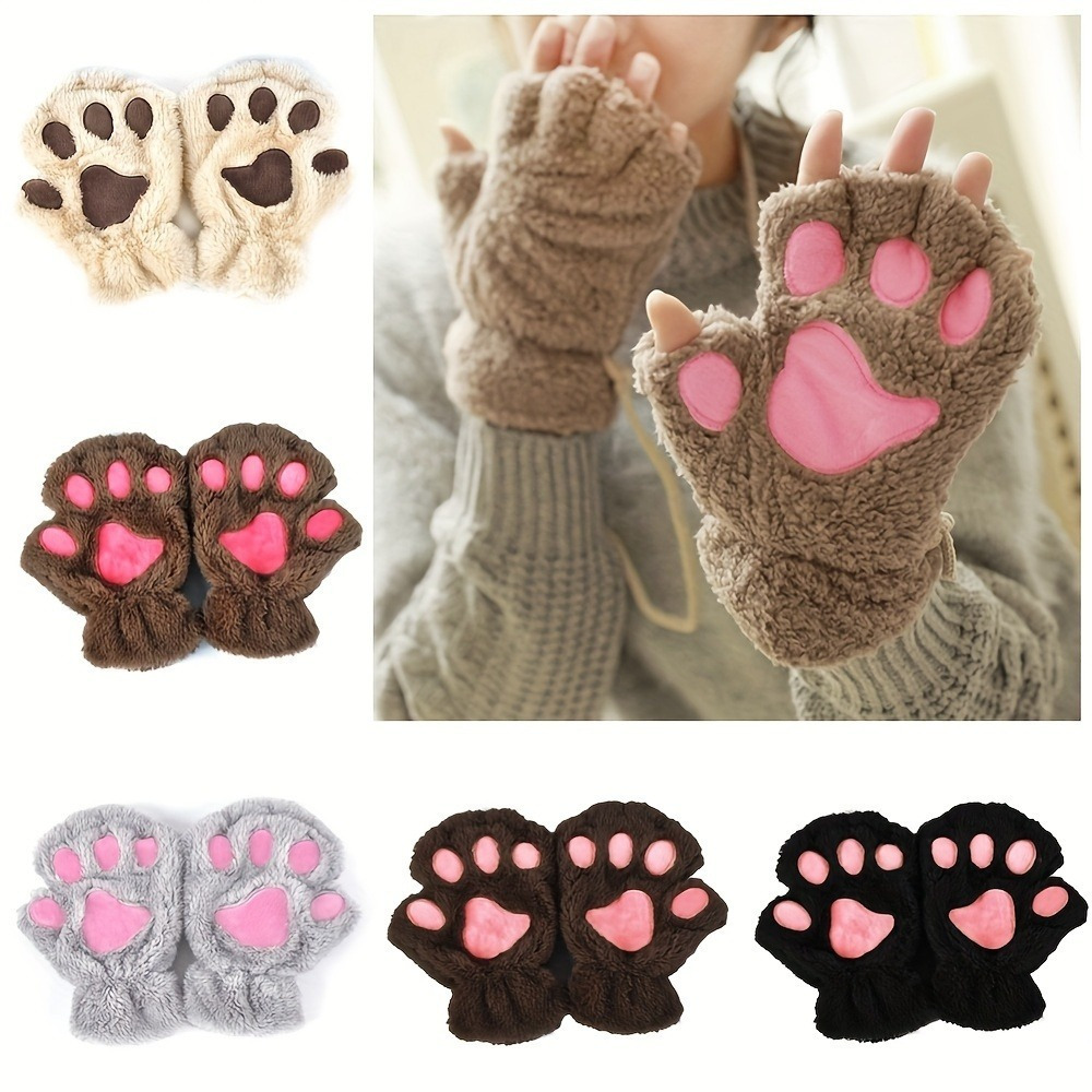 

[stretchy Fit] Cozy & Cute Cat Paw Fingerless Gloves - Warm, Soft Plush In , Brown, Gray With Pink Heart Accent, Stretchy Polyester, Machine Washable For Outdoor Activities, Gloves For Cold Weather