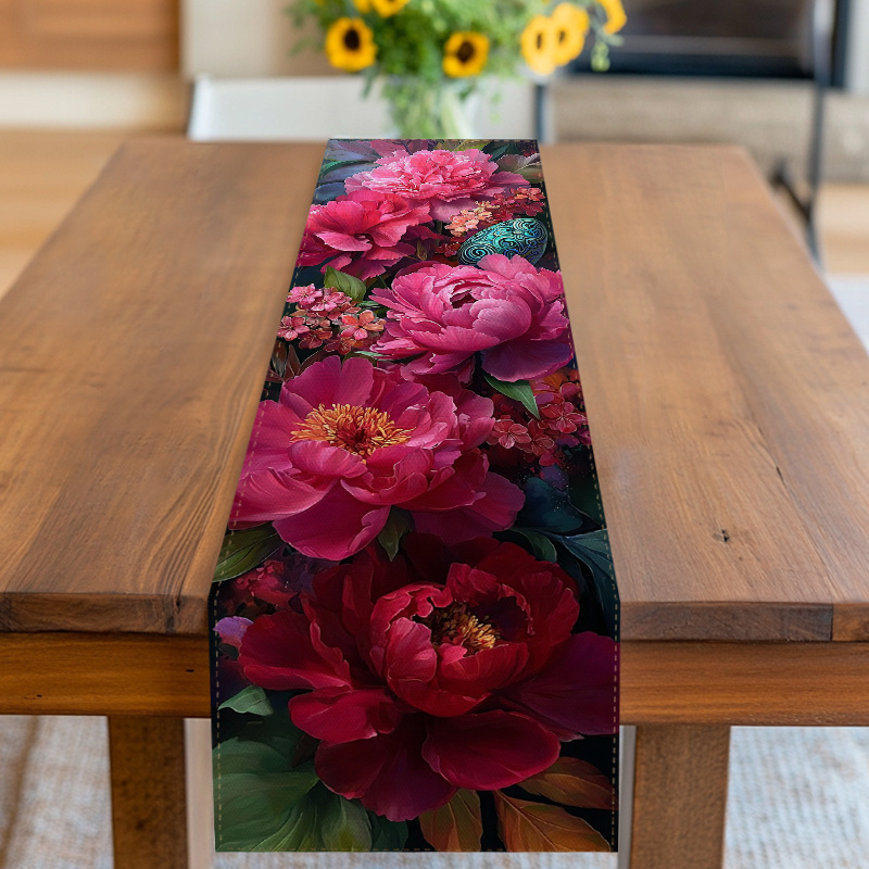 TEMU Table Runner, Table Cover, Floral With Peonies And Small Flowers, , For Spring, Easter, Mother's Day, Birthday, Wedding And More, Suitable For