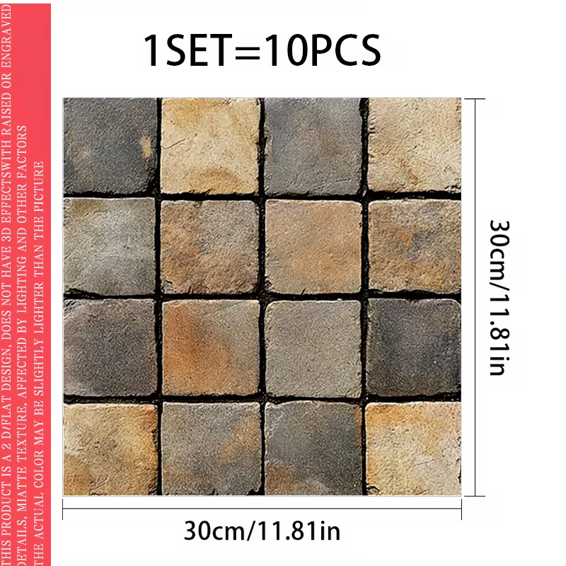 TEMU 10-sheet Pack Large 2d Pvc Flat Self-adhesive X Inches Vinyl Base Floor Sticker Retro Brick Wall Texture Pvc Wear-resistant Tile Sticker And