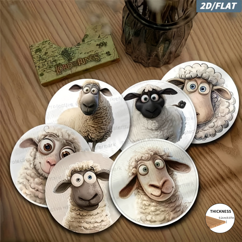TEMU 2d Flat, 6pcs 2d Minimalist Sheep Pattern Wooden Coaster Set, Suitable For, Tea, Etc. Decorating Kitchens, Cars, Homes, And Restaurants - An