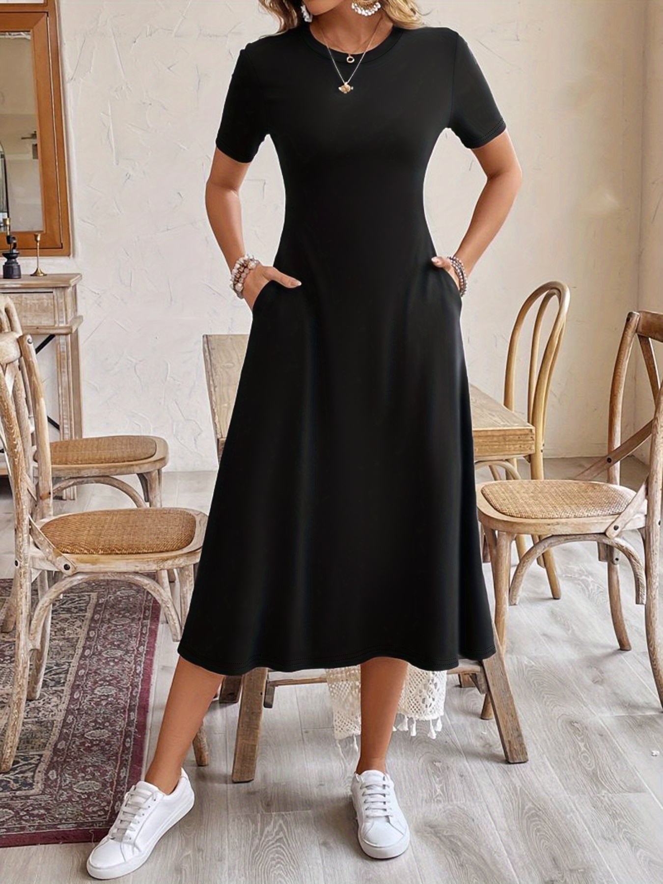 knee length dresses for ladies Bouton A-line Dress in Black