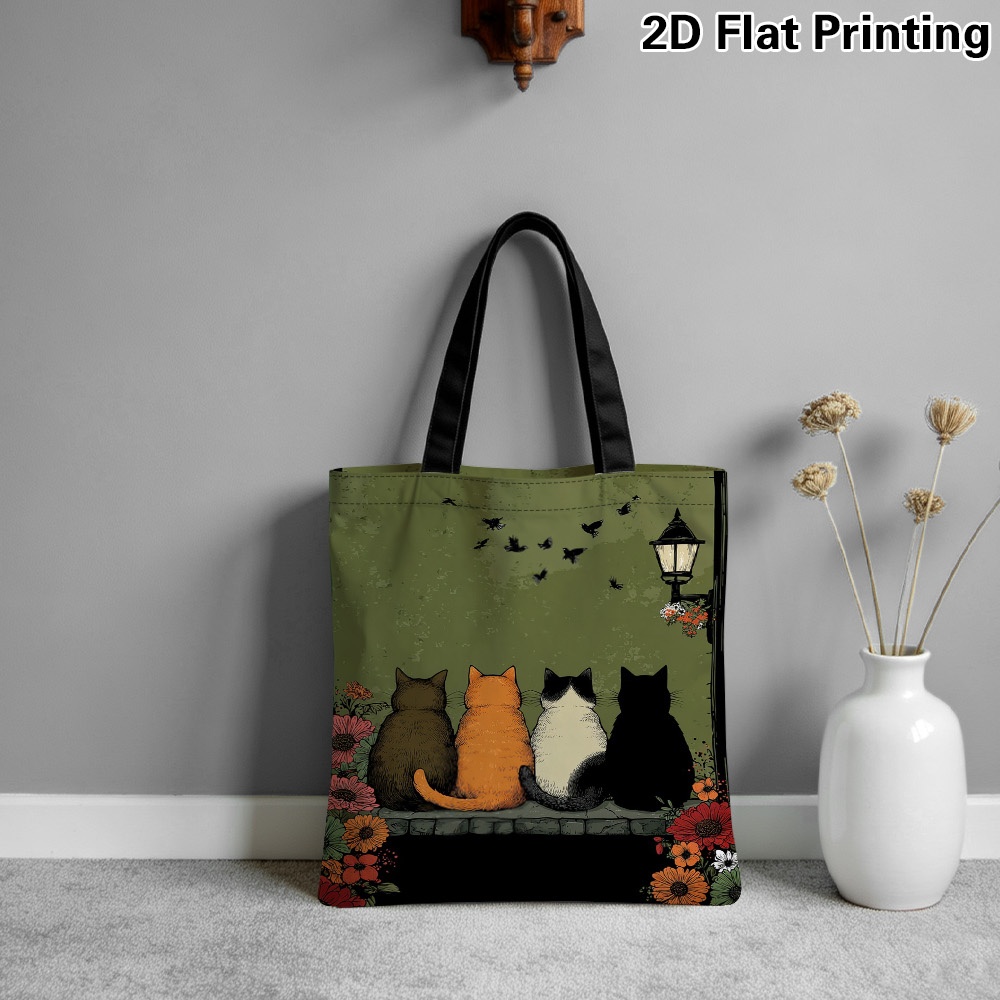 TEMU 1pc, Sac fourre-tout plat 2D imprimé chats Observation des oiseaux, Sac de courses réutilisable avec poignée durable, Sac à bandoulière