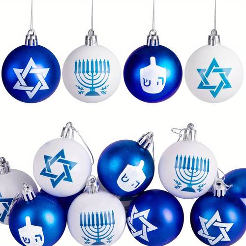 set of 12 hanukkah ball decorations featuring star of david and designs made of white and blue plastic christmas trees no power required