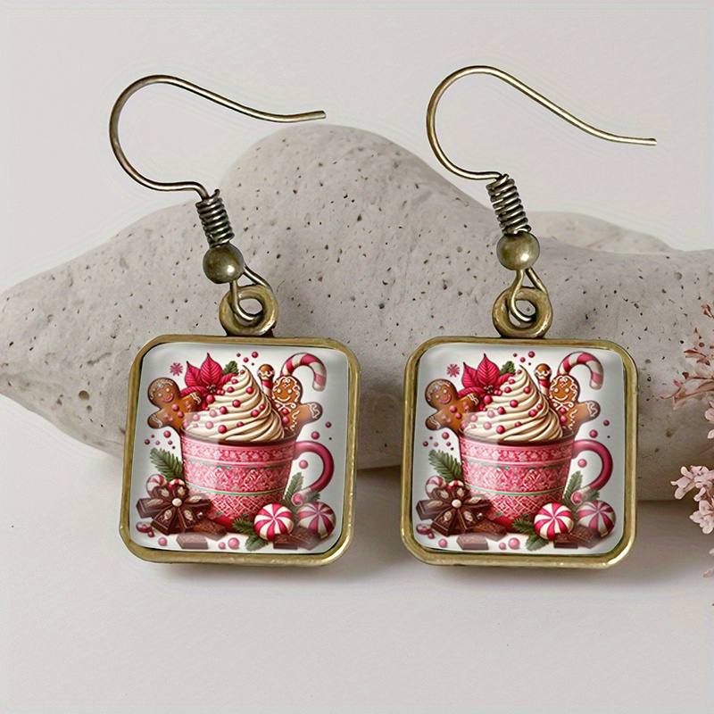 TEMU 1 Pair Christmas Vibe Cupcake Square Earring Retro Glass Dangle Earrings Handmade Jewelry Gift