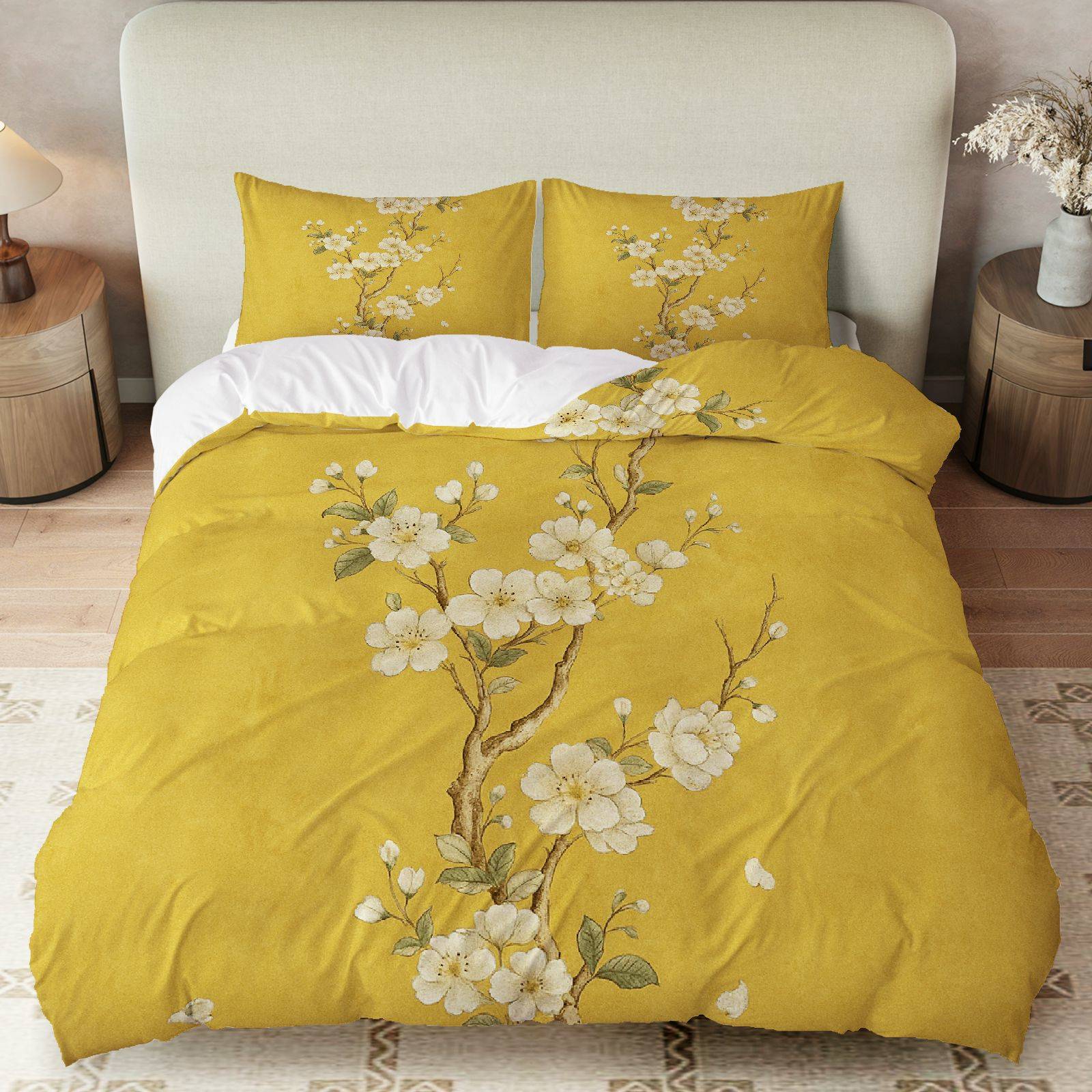 TEMU 3pcs Duvet Cover Set, 1 Duvet 2 Pillowcases( Without Filler), Floral Cherry Golden Theme, Suitable For Decoration Bedroom Living Room Lounge.