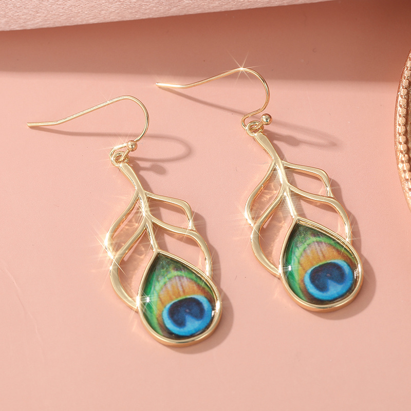 Peacock Feather Earrings with KC Golden Plated Resin Inlay