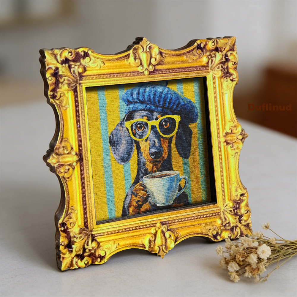 TEMU 1pc Wooden Cute Dachshund "" Refrigerator Magnet, Mini Decorative Painting Style, French Country Style, Wearing A And Yellow Glasses, Holding A