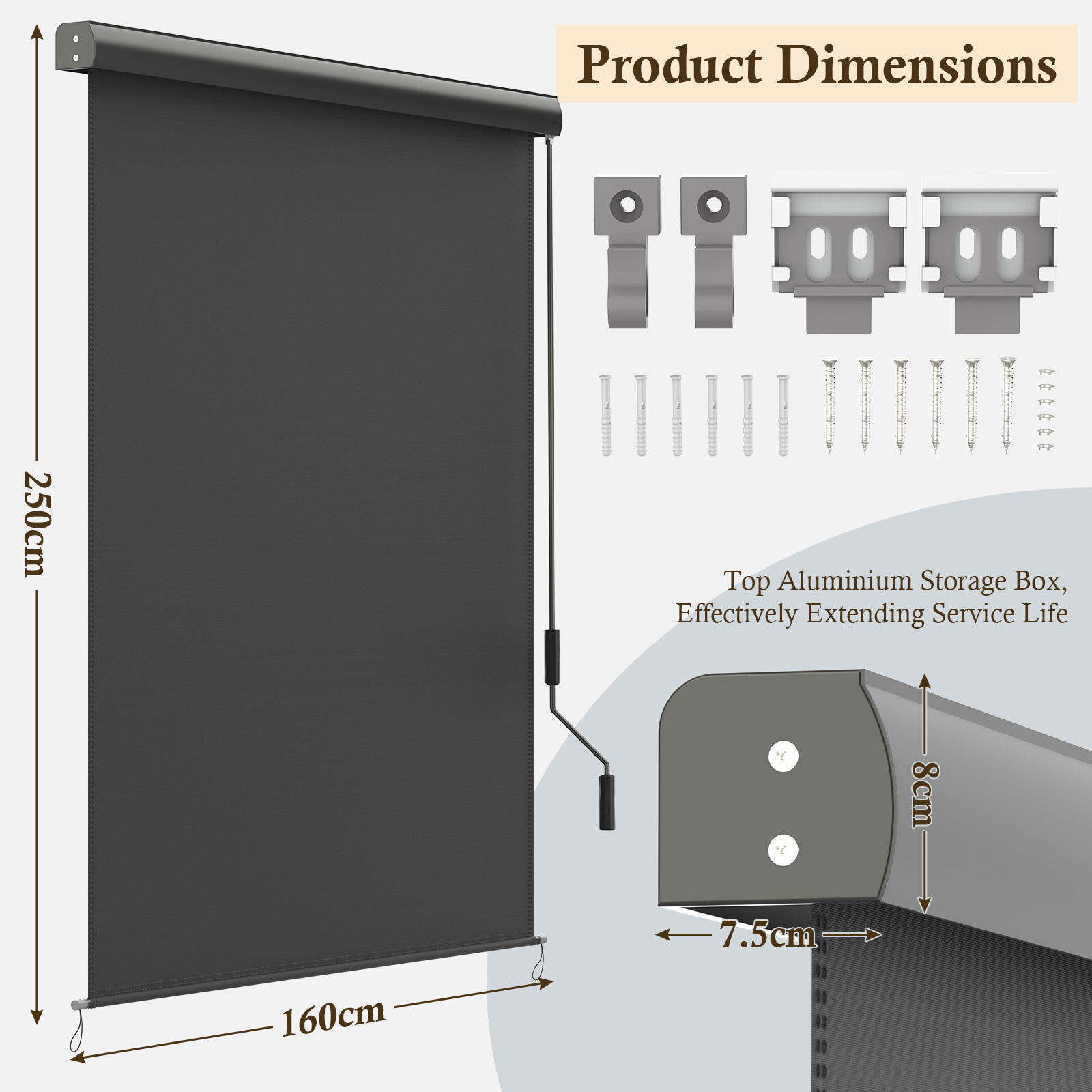 Retractable Patio Roller Shade, 360 Degree Rotatable Crank Handle, Uv Protection Privacy Screen For Porch, Balcony, Backyard, Deck, Gazebo, Outdoor Sun Shade Blinds With Suspension Poles 250cm X 160cm