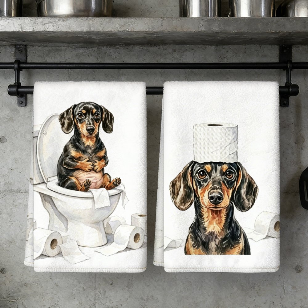 TEMU 2pcs Funny Dachshund Printed Bathroom Hand Towels, Polyester Machine Washable Tea Towels, Ideal For Kitchen And Washroom Decoration, Tableware