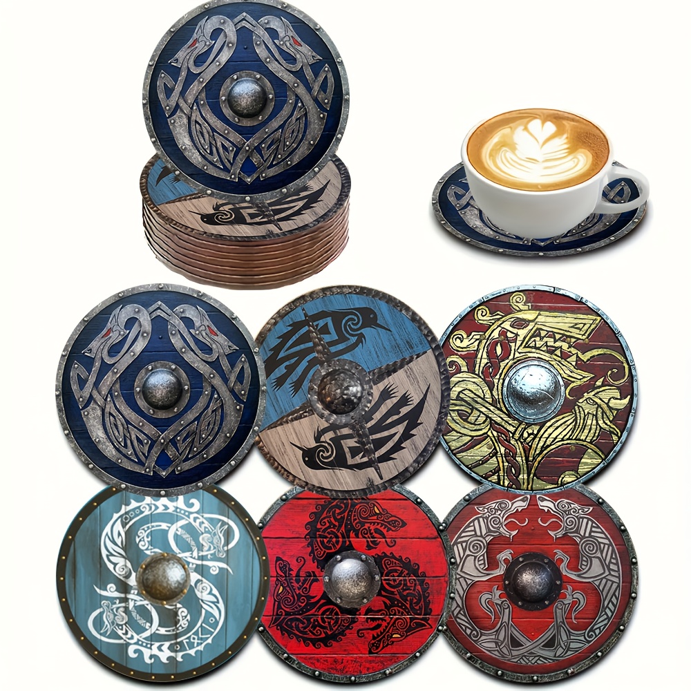 Image of 6pcs Round Wooden Coasters With Patterns, Retro Bar Heat Protectors, Home Decor, Holiday Gifts, Perfect For Office, Kitchen, Dining Table Protection, For