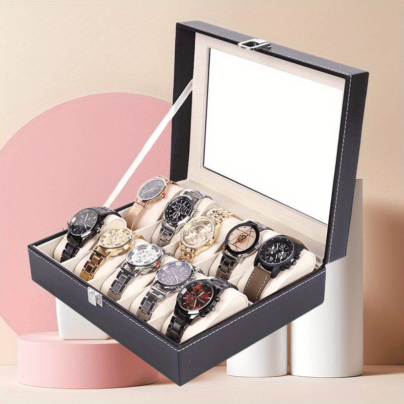 

1pc Pu Leather Watch Box, Multi- Rectangular Jewelry Organizer, With Velvet , Dustproof Transparent Display Case With Lock, For Watches, 6/10/12 Slots Desk Storage, Jewelry Boxes