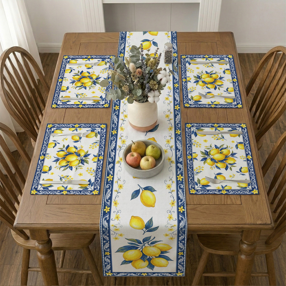 TEMU Set runner da e sottopiatti a tema mediterraneo con , 1 runner da e 5/7 sottopiatti, bordo con limoni gialli e piastrelle blu, per cena,