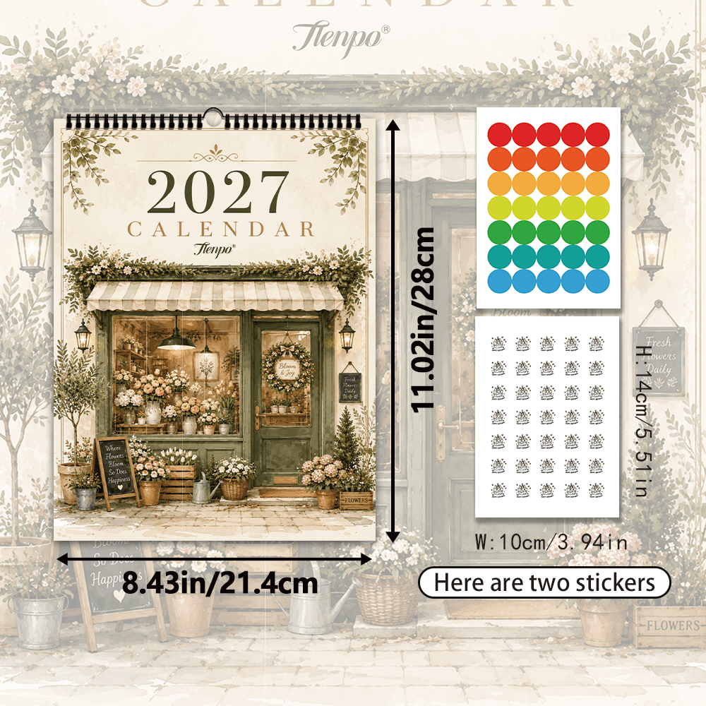 TEMU 1pc, , Retro Watercolor Corner Flower Shop Wall Calendar, European Countryside Monthly Calendar, Atmosphere Wall Decor Calendar, Suitable For
