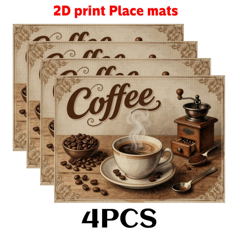 TEMU 4pcs Set, Coffee Bean Placemats Suitable For - Modern Table Protector With Coffee Cup And Bean Patterns, Hand Washable Table Decor