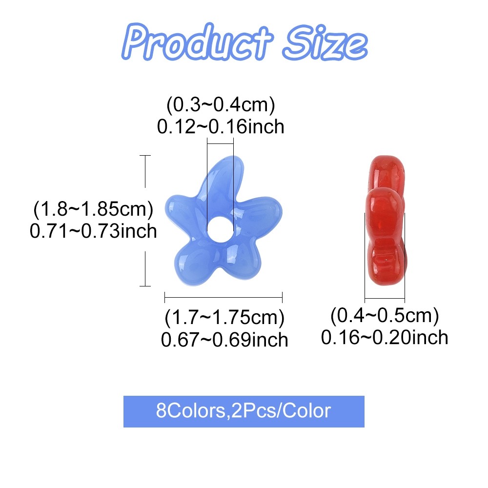 TEMU Set Of 16 Handmade Lampwork Beads In 8 Different Colors, Featuring Flower Designs, Measuring Approximately 18~18.5x17~17.5x4~5mm, With A Hole