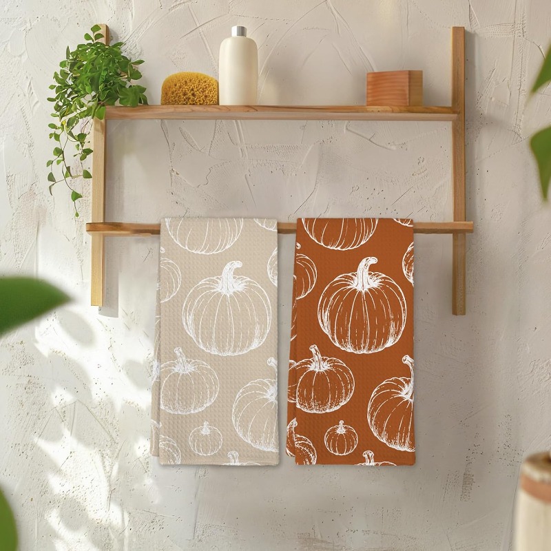 TEMU Lot de 2 chiffons de nettoyage, torchons de cuisine beige et orange à motif citrouille automnal, torchons et chiffons de nettoyage, pour sécher