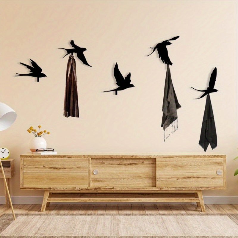 Image of 5pcs Flying Bird Wall Hooks, Decorative Metal Coat Hooks Birds, Black Metal Storage Hook Bird Lover Gift, Entryway Key Holder, Bathroom Towel Hook, Organizer Lovers Gift