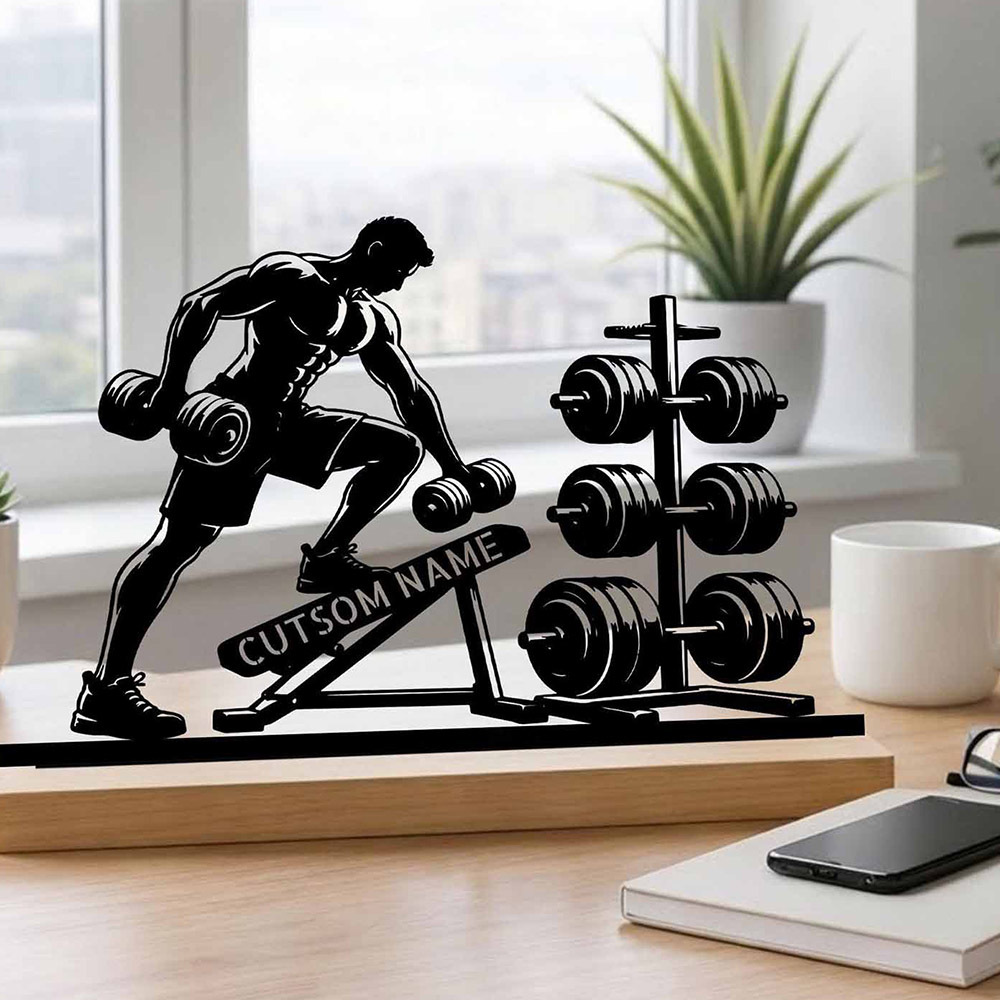 TEMU Collectible Figurines 1pc Custom Metal Bodybuilder Desk Decor With Wooden Base Personalized Ornament Rustic Fitness Sign For Home Office For Man