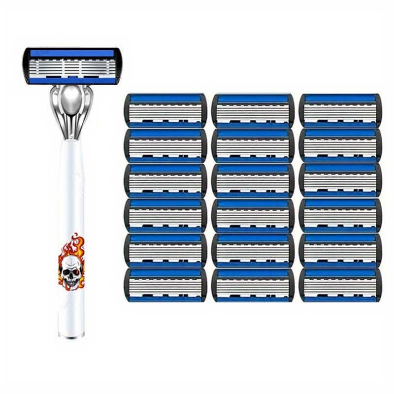 TEMU Hip-hop Style Men's Manual Shaver With 6-layer Stainless Steel Blades & Black Pattern Handle - Safe Razor For Beard Trimming & Grooming, Shaving