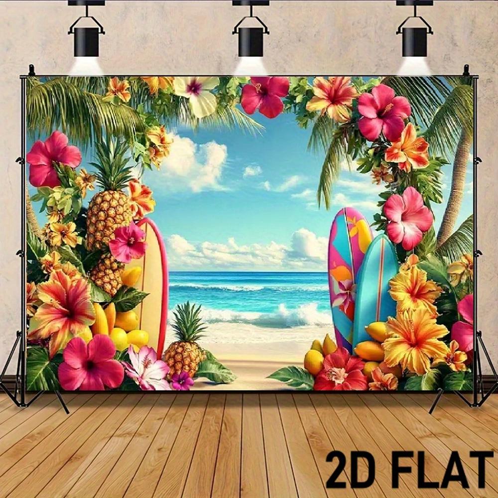 Banner plat 2D - Banner plat 2D - Banner plat 2D - Banner petrecere pe plajă tropicală - Decor tropical cu tematică Hawaiiană cu palmieri, flori de hibiscus, plăci de surf - Fundal ocean turcoaz pentru zi de naștere, Luau, cabină foto - Utilizare în interior
