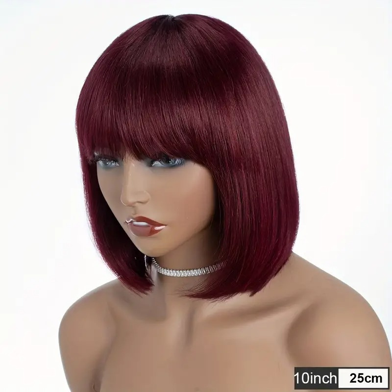 TEMU 99j Burgundy Short Straight Bangs Human Hair Wig Women Brazilian Original Hair Color Human Hair Wig Bangs Bob Wig 180% Density Real Human Hair Wig