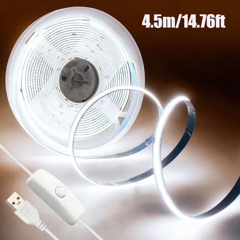 TEMU Tira de luz LED COB de 0.5M-4.5M USB con control de botón, , frío, diseño flexible y maleable, para fácil instalación, y elegante para cocina,
