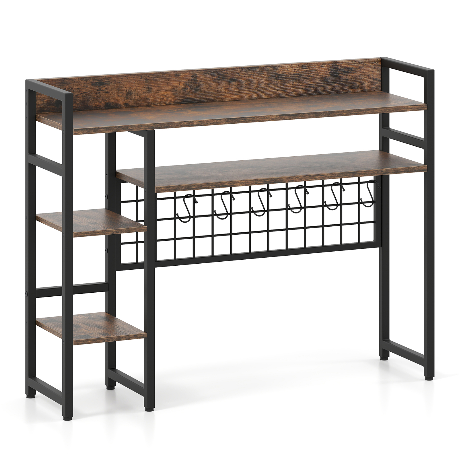 Image of Desk Bookshelf For Computers, Table Shelf With Storage Compartments, Desk Organizer, Metal Mesh Plate With 6 Removable Hooks, 4 Open Compartments, For Bedroom, Kitchen, Brown